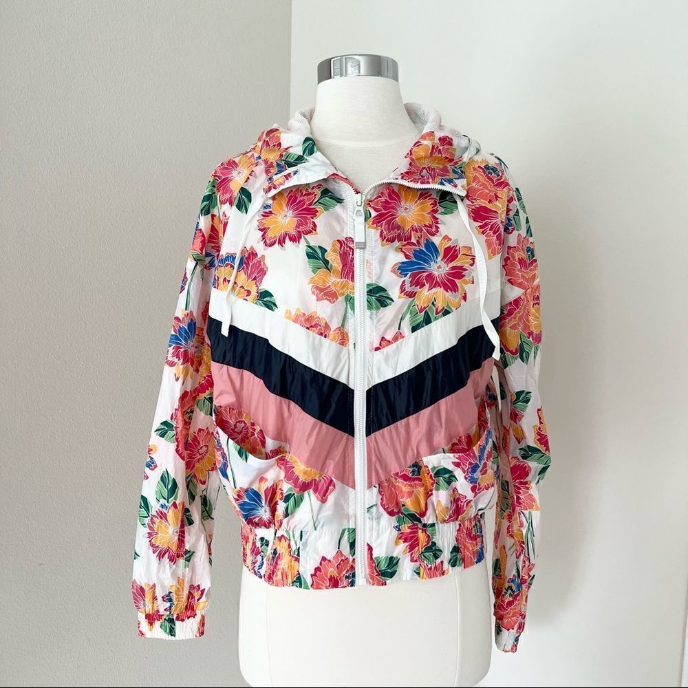 GapFit Floral Windbreaker Zip Jacket Retro Stripe Lightweight Hood S